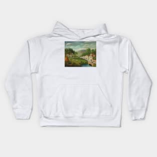 Pastoral Landscape with Stream, Fisherman and Strollers by Henri Rousseau Kids Hoodie